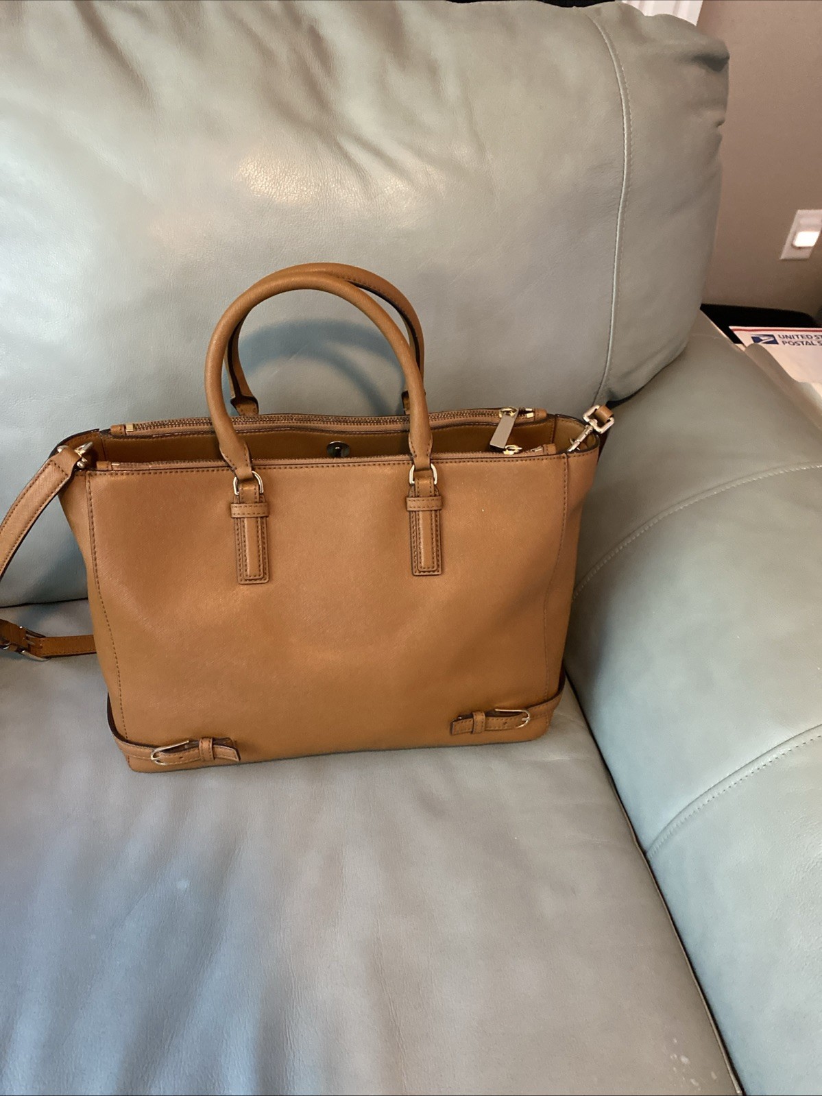 Tory Burch Robinson Tigers Eye Tan/Brown Saffiano Leather Handbag Satchel Nice