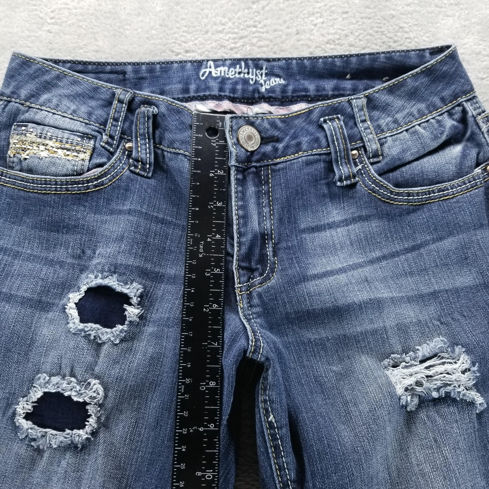 Amethyst Jeans Womens 7 Blue Bootcut Low Rise Distressed Embroidered Stretch Y2K