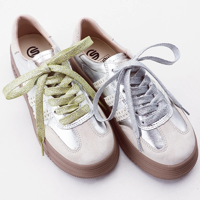 1 Pair New Colorful Gold Silver Shiny Flat Laces Glitter Shoelaces for Athletic