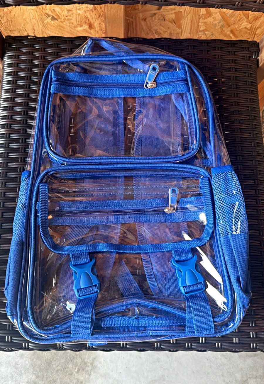 Clear PVC Blue Unisex Kids Backpack, Multiple Zip Pockets, Mesh Pocket