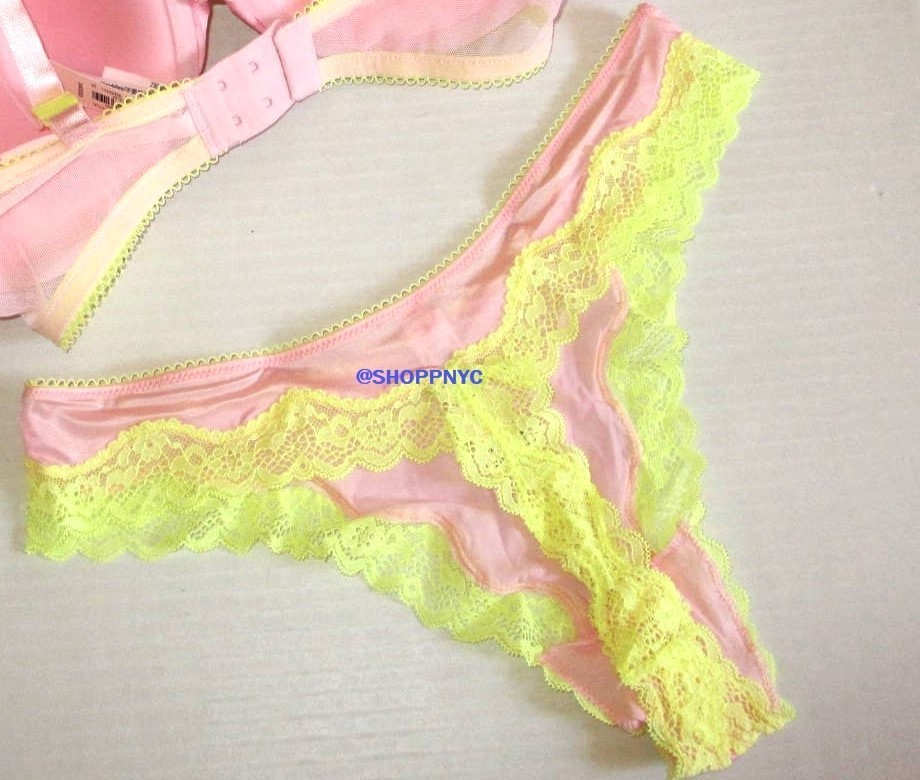 Victoria Secret Tease Pink Yellow Lace Thong Panty SIZE M Smooth Silky NWT