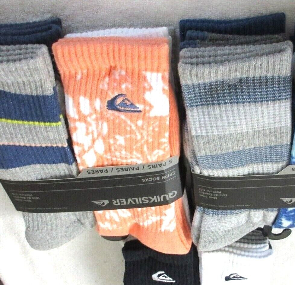 Quiksilver Men’s Crew Length socks lot of 5 pairs Size 6-12 NWT Ships Free