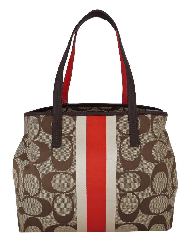 New NWT Coach Hamptons Khaki Vermillion Signature Stripe Tote Purse 19999 RARE
