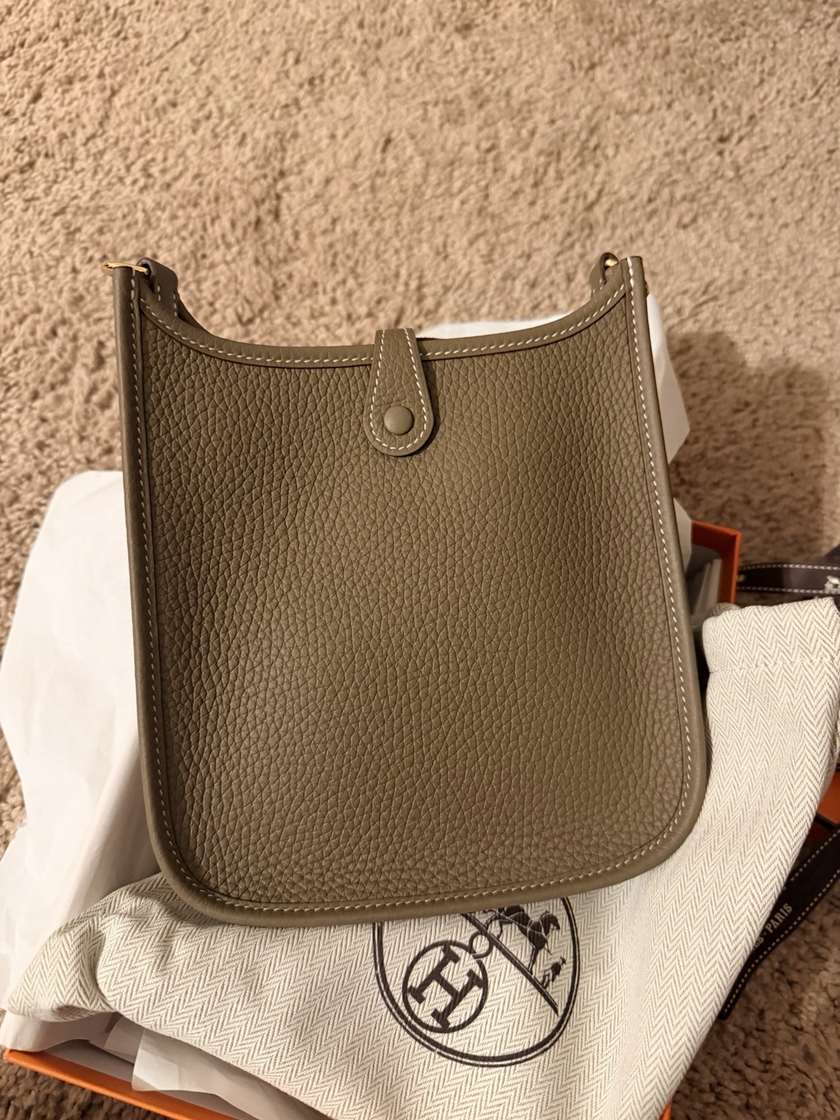 Hermès Evelyne TPM Mini Taupe Crossbody Bag Navy Strap Dust Bag Box