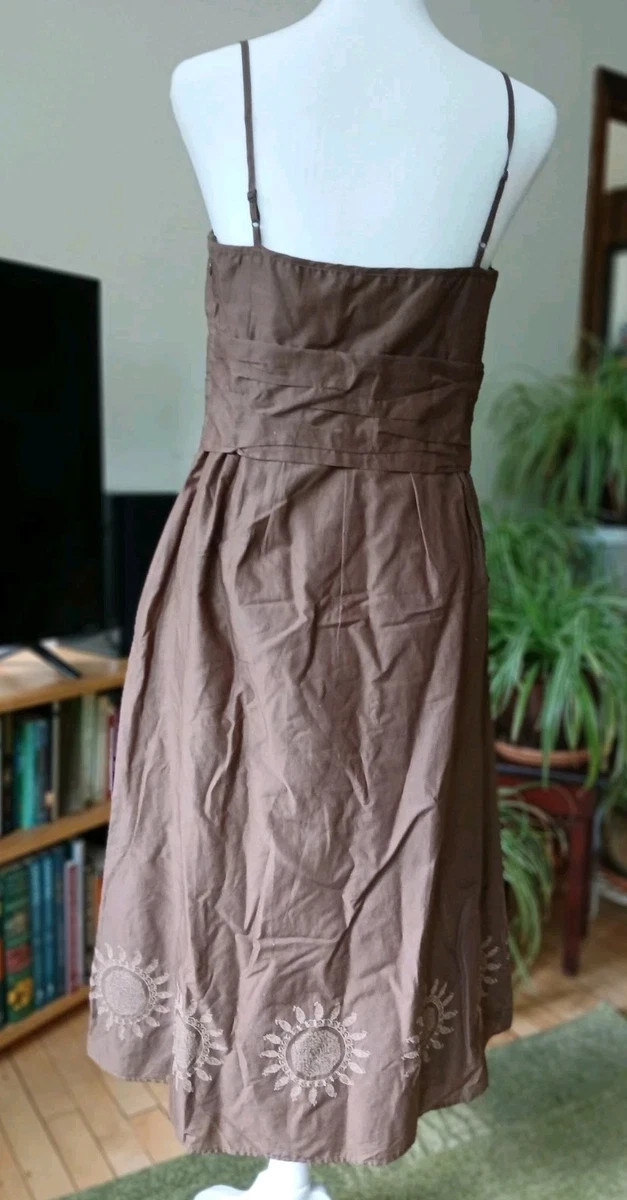 LOFT Sz 4 Chocolate Brown Embroidered Sun Slip Sun Dress Flare Tank Tea Length