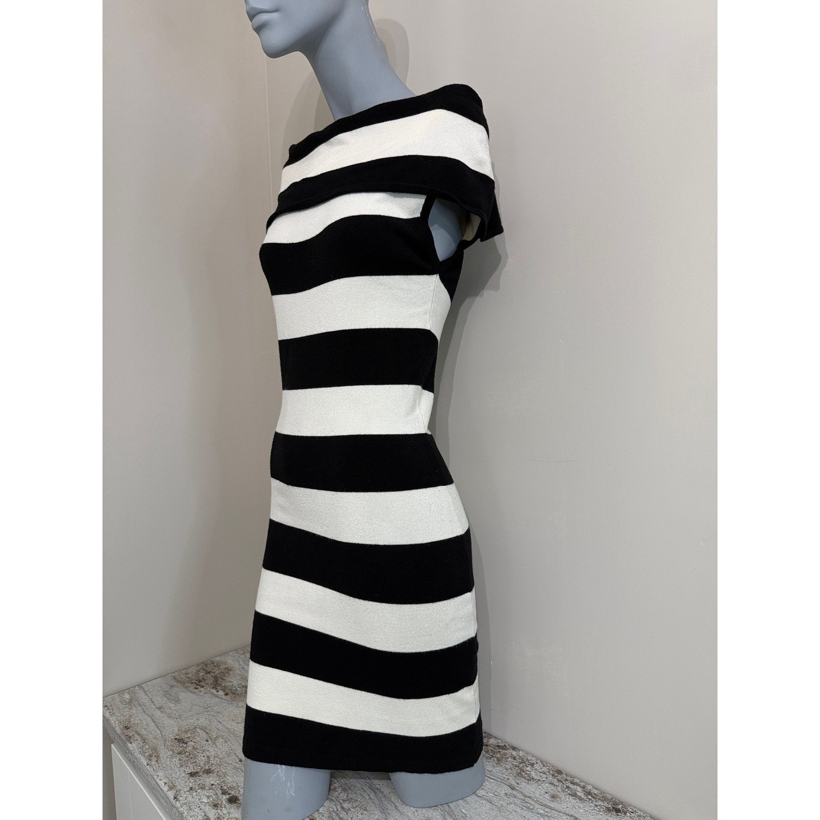 Black and White Striped Bodycon Sweater Dress Off Shoulder Cowl Neck Mini