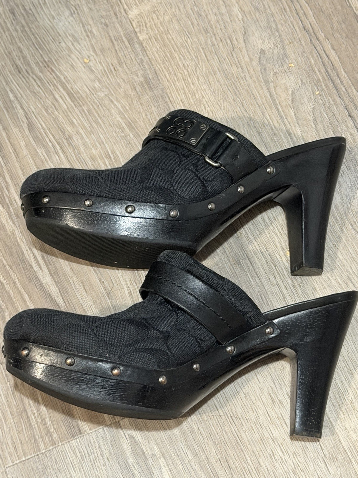Coach Black Signature Logo Canvas & Leather Mule Slip-On Studded Buckle US 8B