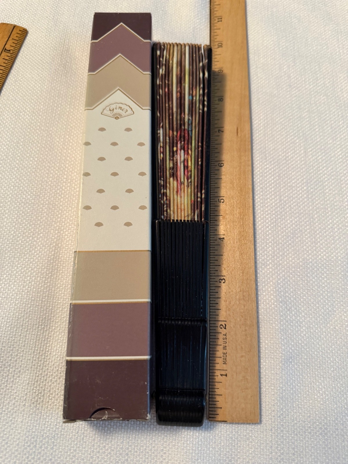 Vtg Giner Hand Fan W Box Features Period Clothing Fabric Plastic Gold Trim Spain