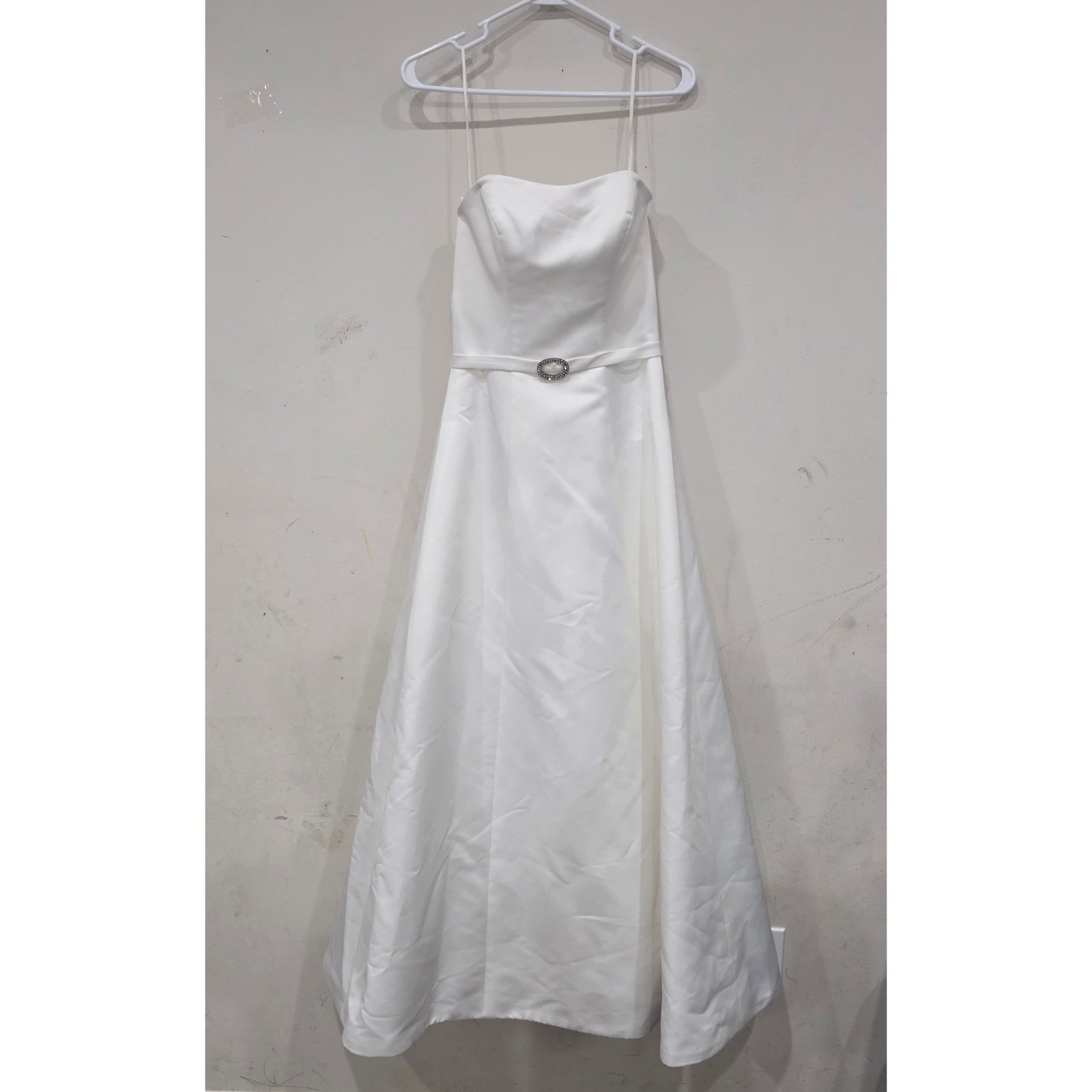 Forever Yours White Satin A-Line Wedding Dress Rhinestone Belt Size 2 Strapless