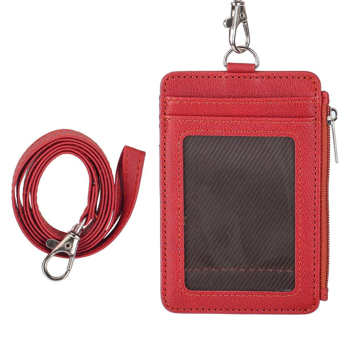ID Badge Card Holder PU Leather Vertical Clip Neck Strap Lanyard Necklace Case