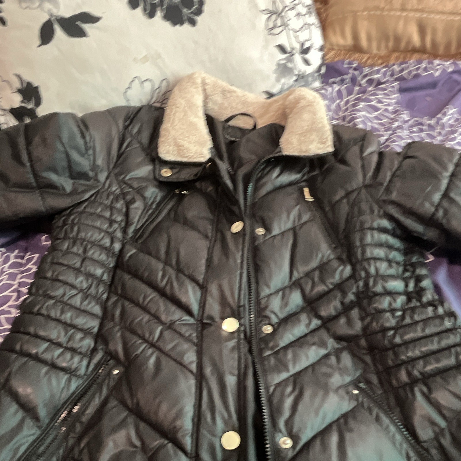 Preston & York Women’s Black Mid-Length Quilted Puffer Jacket Faux Fur Trim L