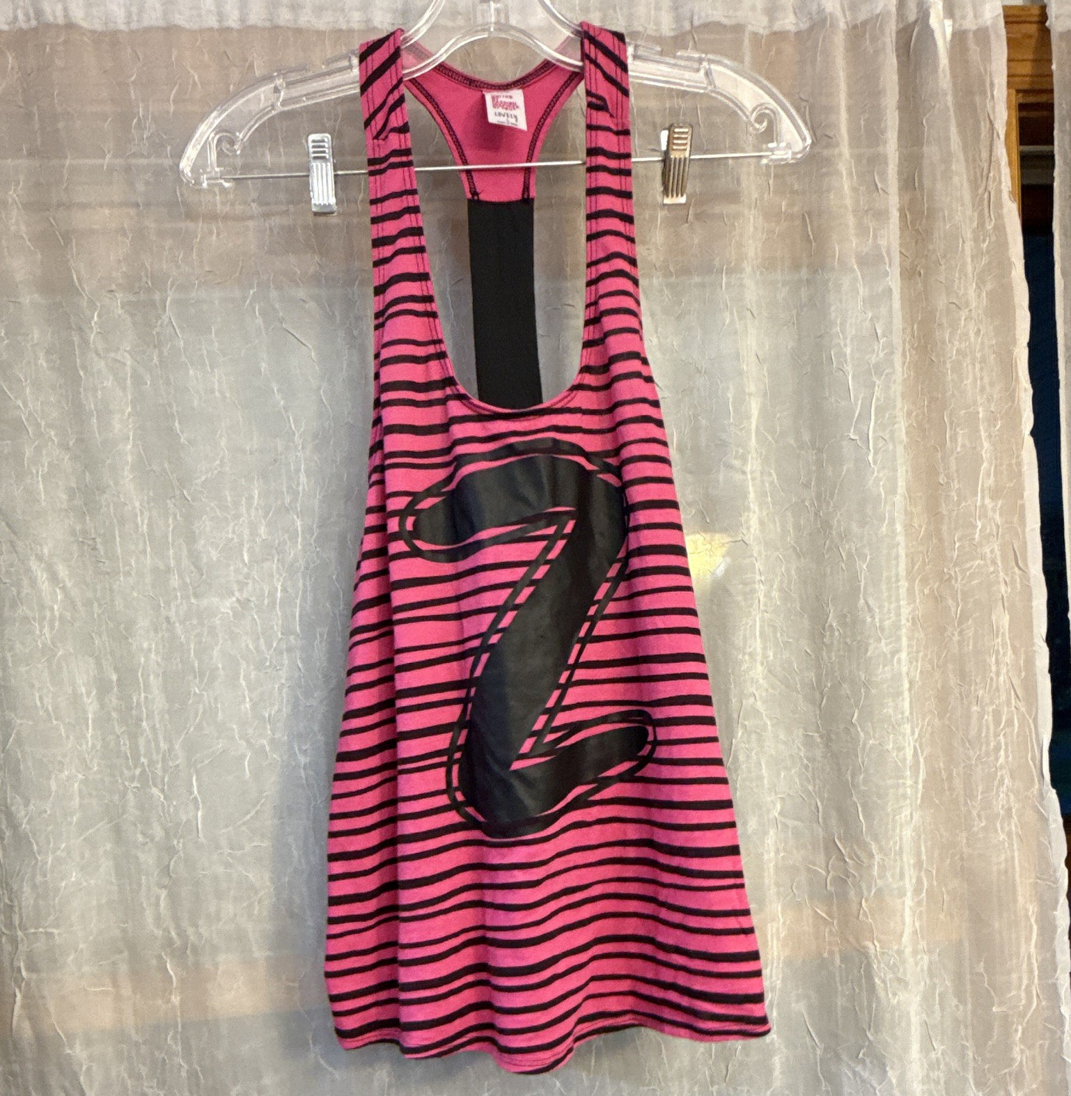 Zumba Wear Z Graphic Tank Women’s L Pink/Black Scoop Neck Racerback Striped