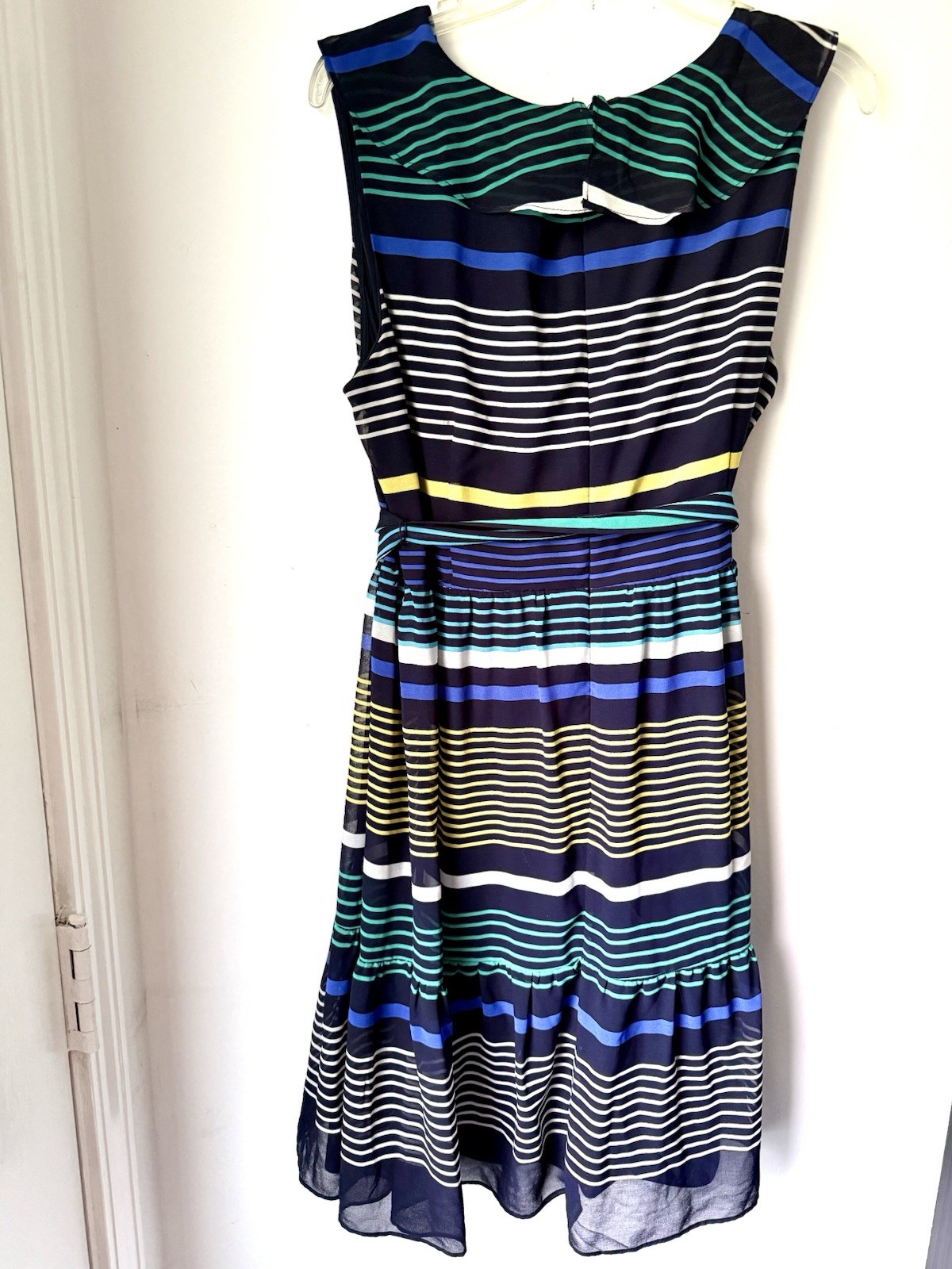 DKNY Navy Striped Belted Lined Sleeveless Above The Knee Fit&Flare Dress Size 16