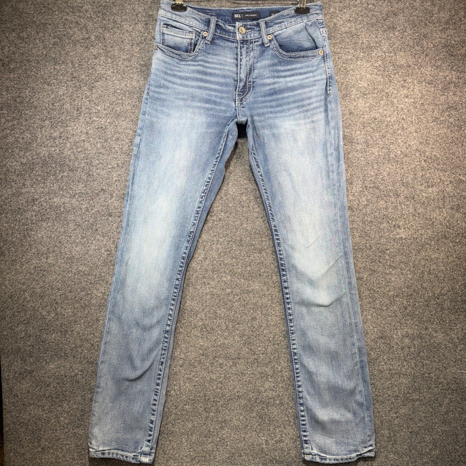 BKE Jake Straight Jeans Mens 31×34 Light Wash Denim Stretch Embroidered Pocket