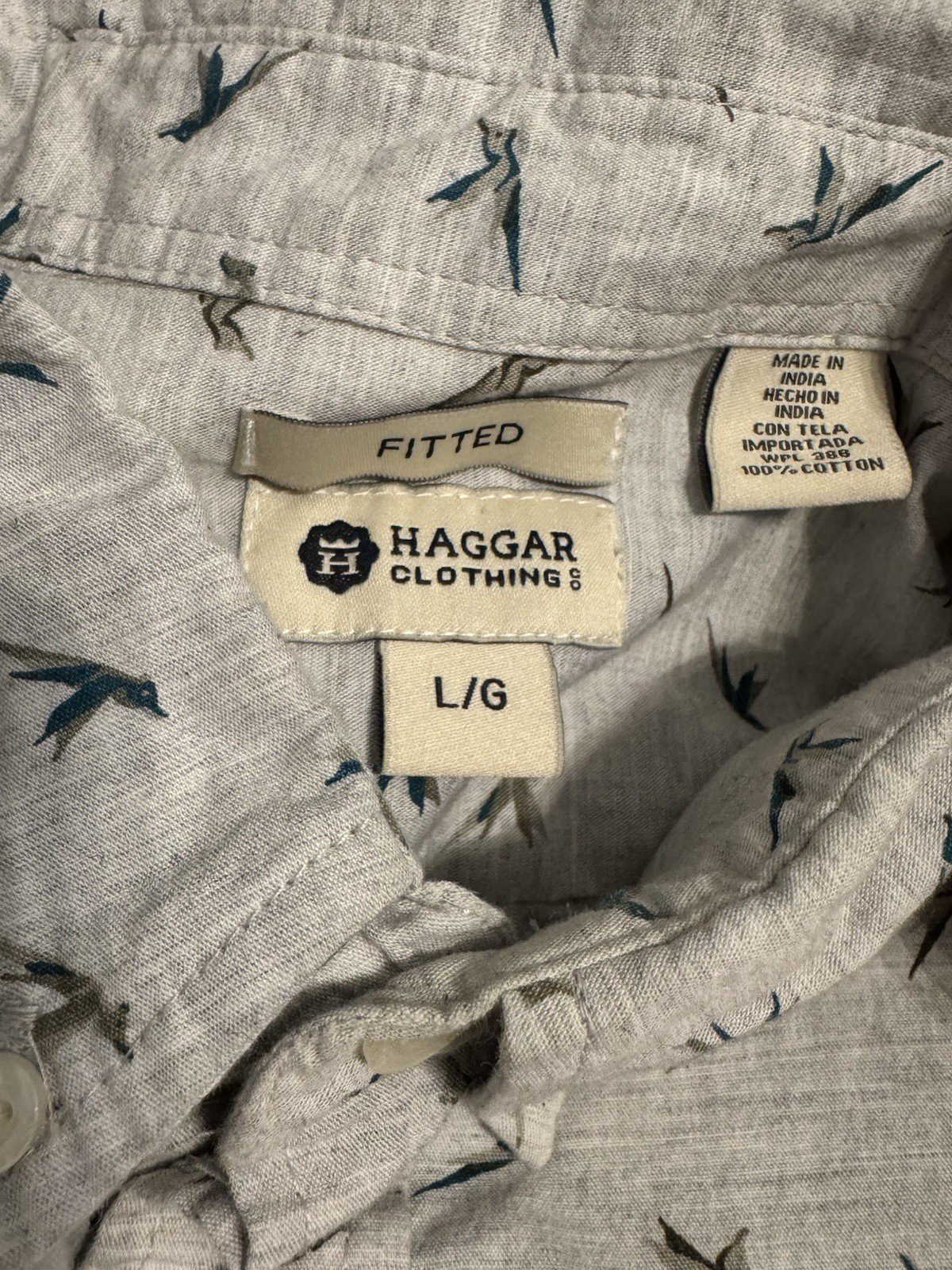 Haggar Men’s Short Sleeve Button Up Shirt Large With Swallow Pattern