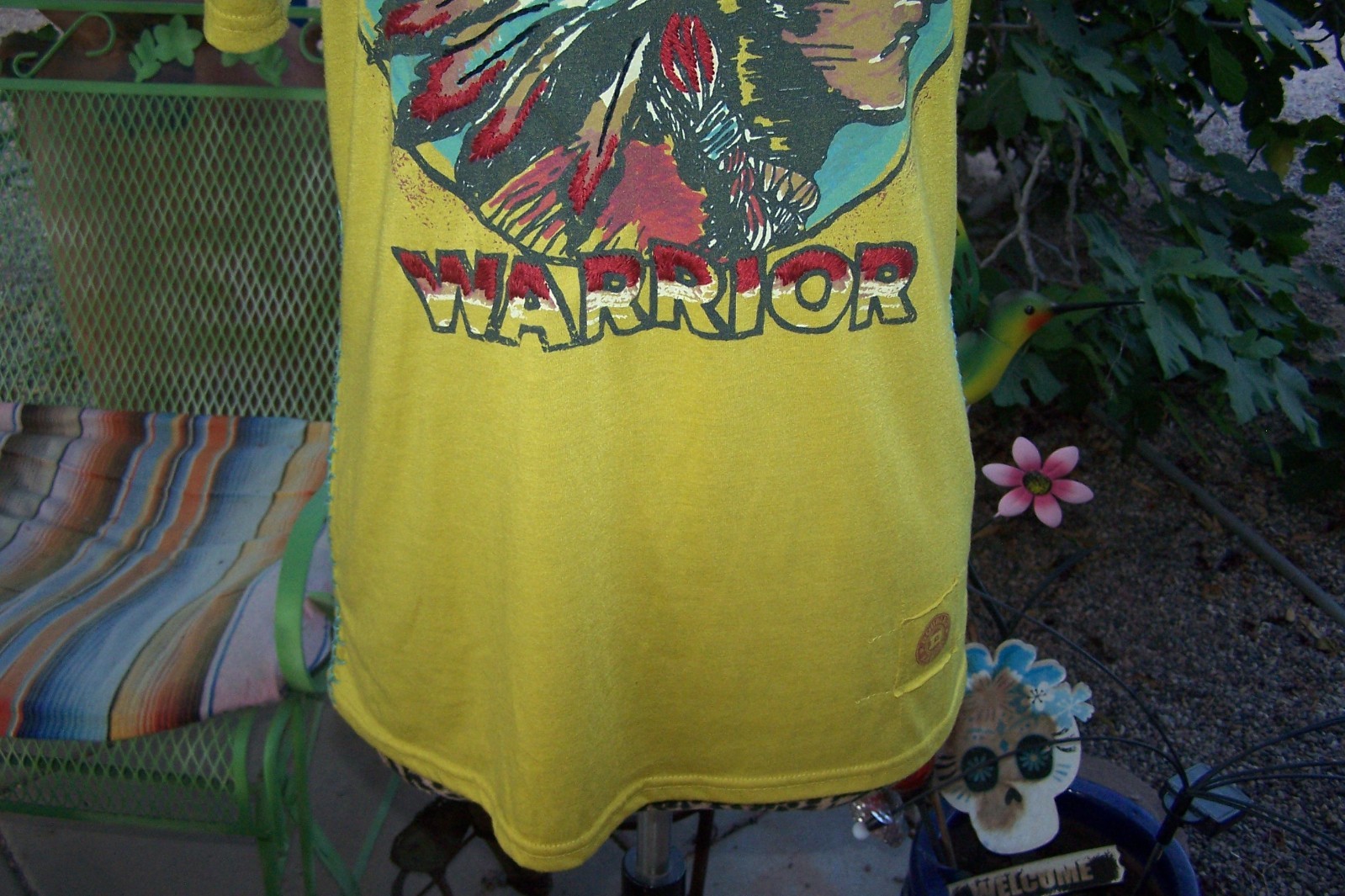DOUBLE D RANCH L Indian WARRIOR Embroidered Beaded Graphic Western Tee Shirt EUC