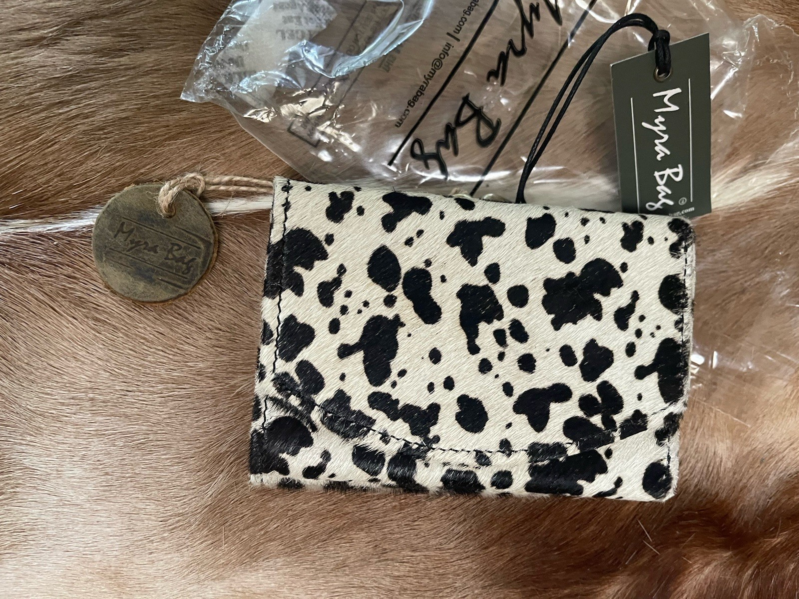 Black White Hairon Cowhide Leather 5″x4″ Double-sided Wallet Myra Creek #3417