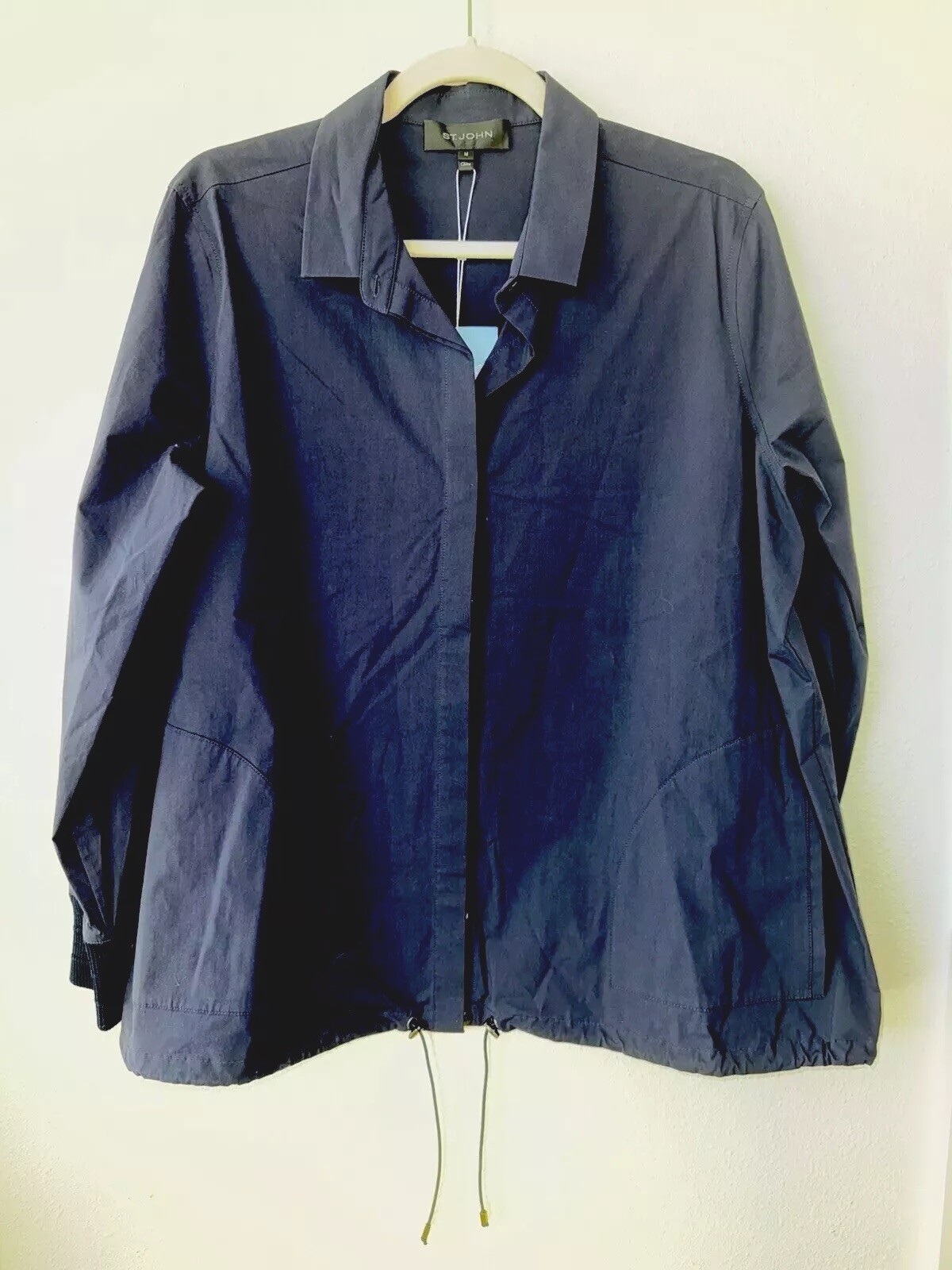 NWT $595 St. John Sport Techno Button Down Stretch Shirt Jacket Navy Size M