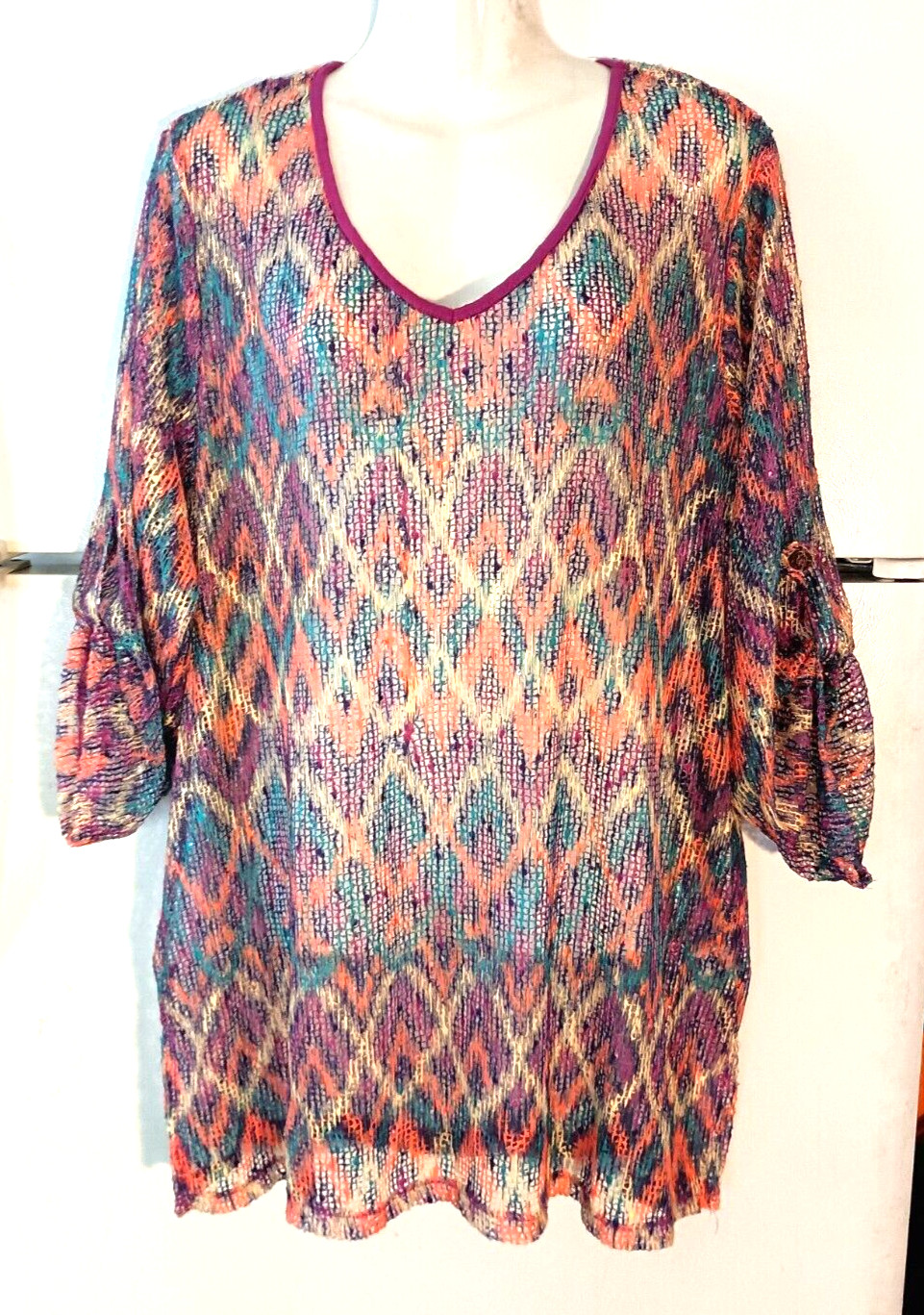 NEW MINOR IMAGE COLORFUL EMBELLISHED V-NECK MESH TOP SWIMSUIT COVER-UP SIZE 2X