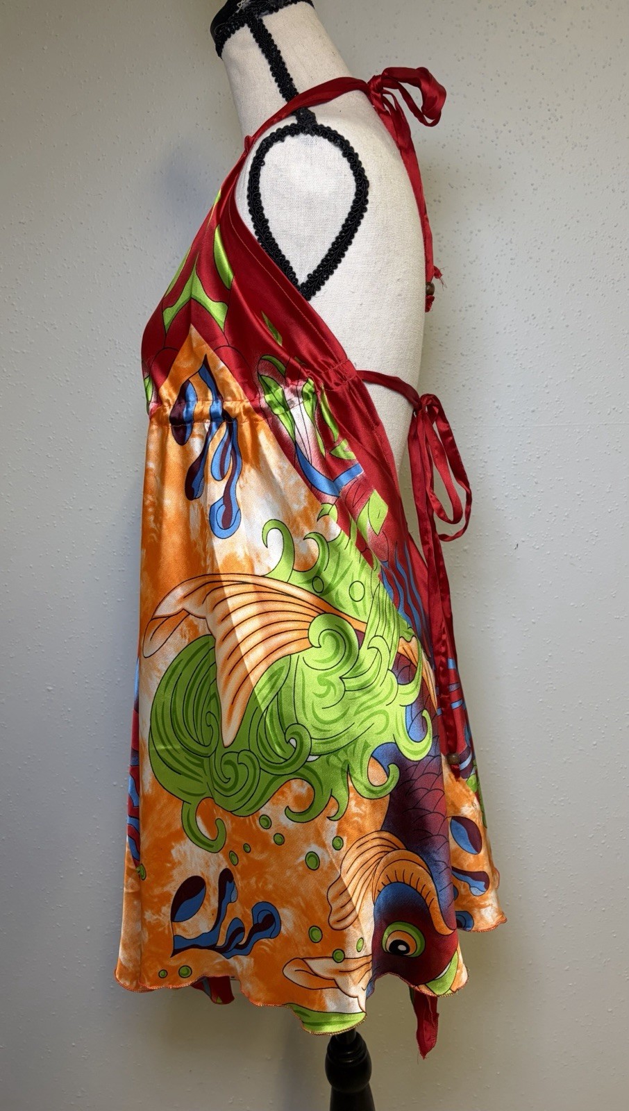 India Boutique Vibrant Flowy Koi Fish Print Halter Mini Dress One Sz Bohemian