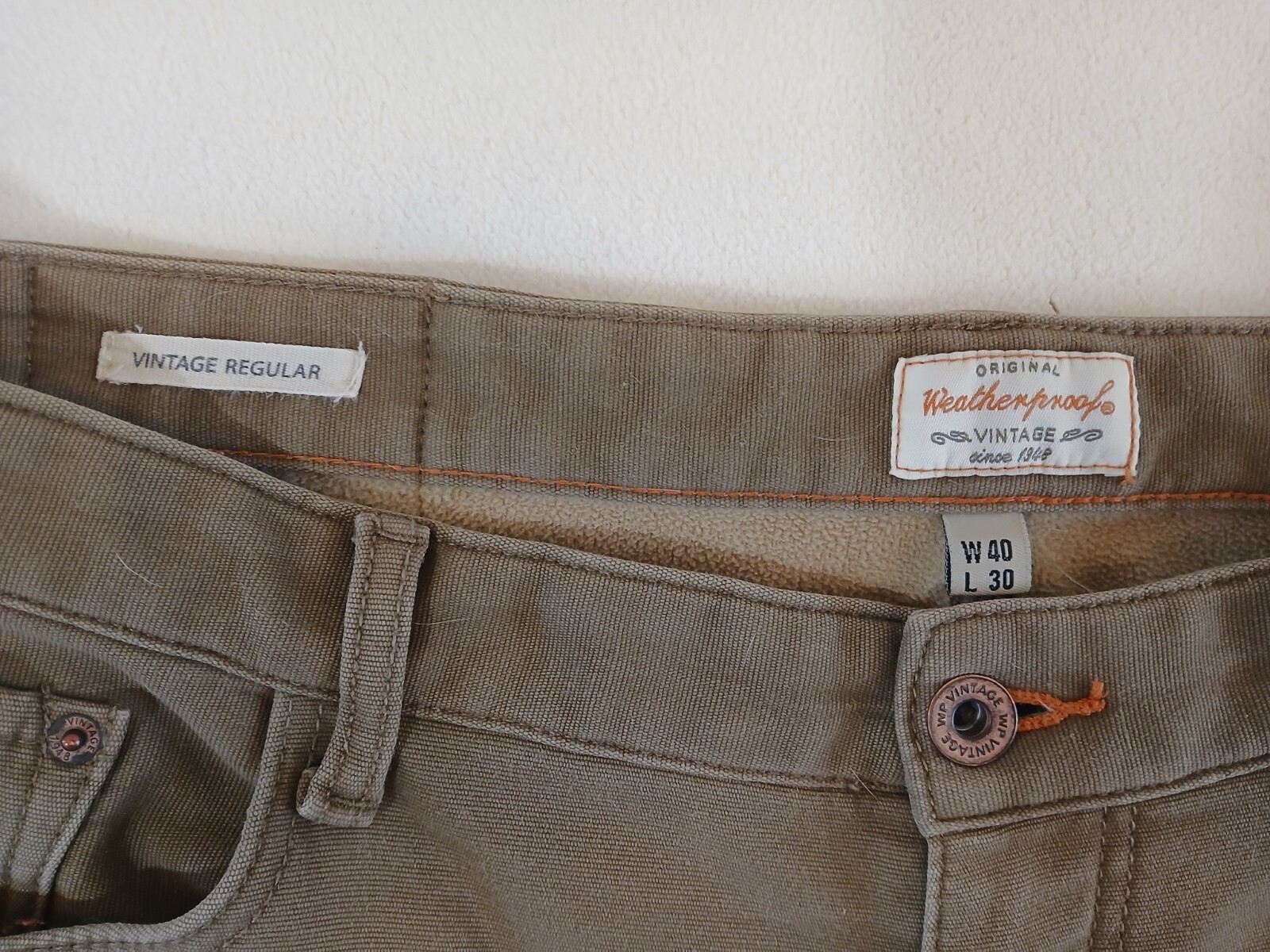 Weatherproof PANTS Fleece Lined Stretch Canvas Tan Size 40 X 30 Paint Specks