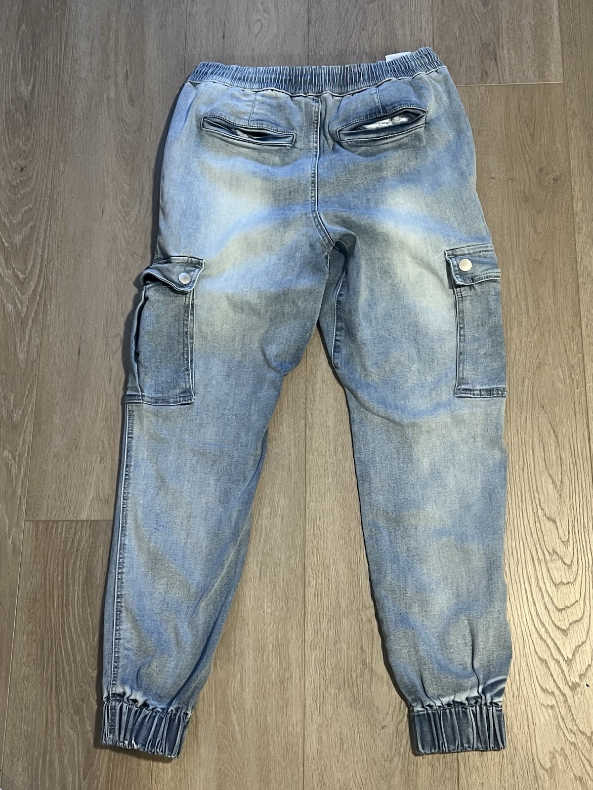 WeSC Men’s Blue Denim Regular Fit Cargo Pants Drawstring Elastic Waist M