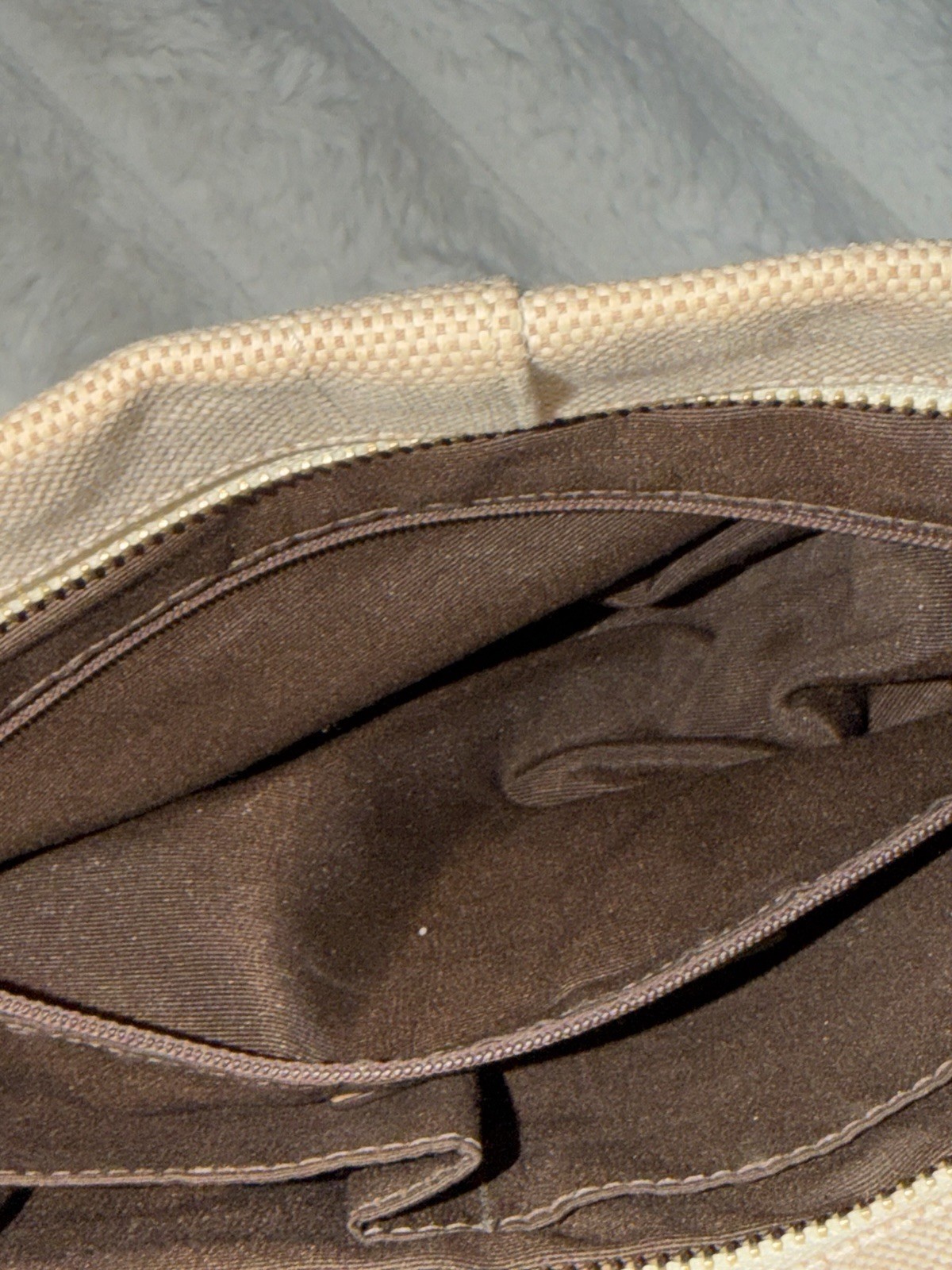Coach Beige Shoulder Bag Brown Strap Zip Studded Gold Hardware Inner Pockets