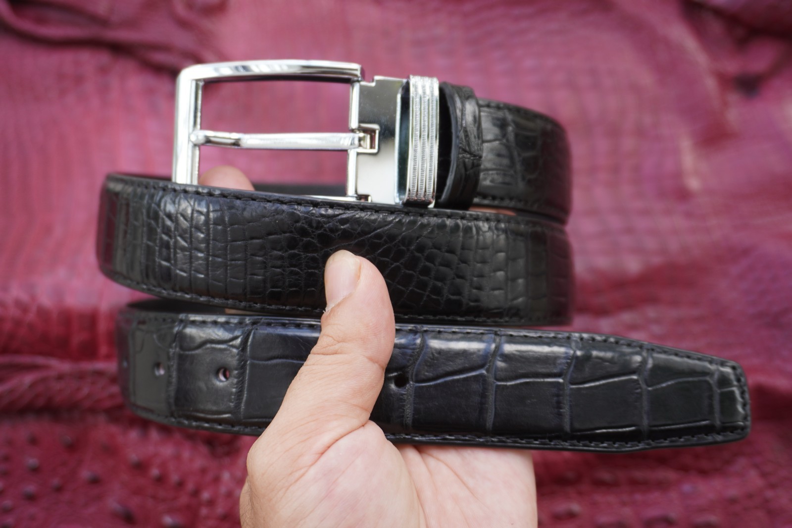 W1.3 inch Black Genuine Crocodile Belly Leather Skin Men’s Belt Plus Buckle #E20