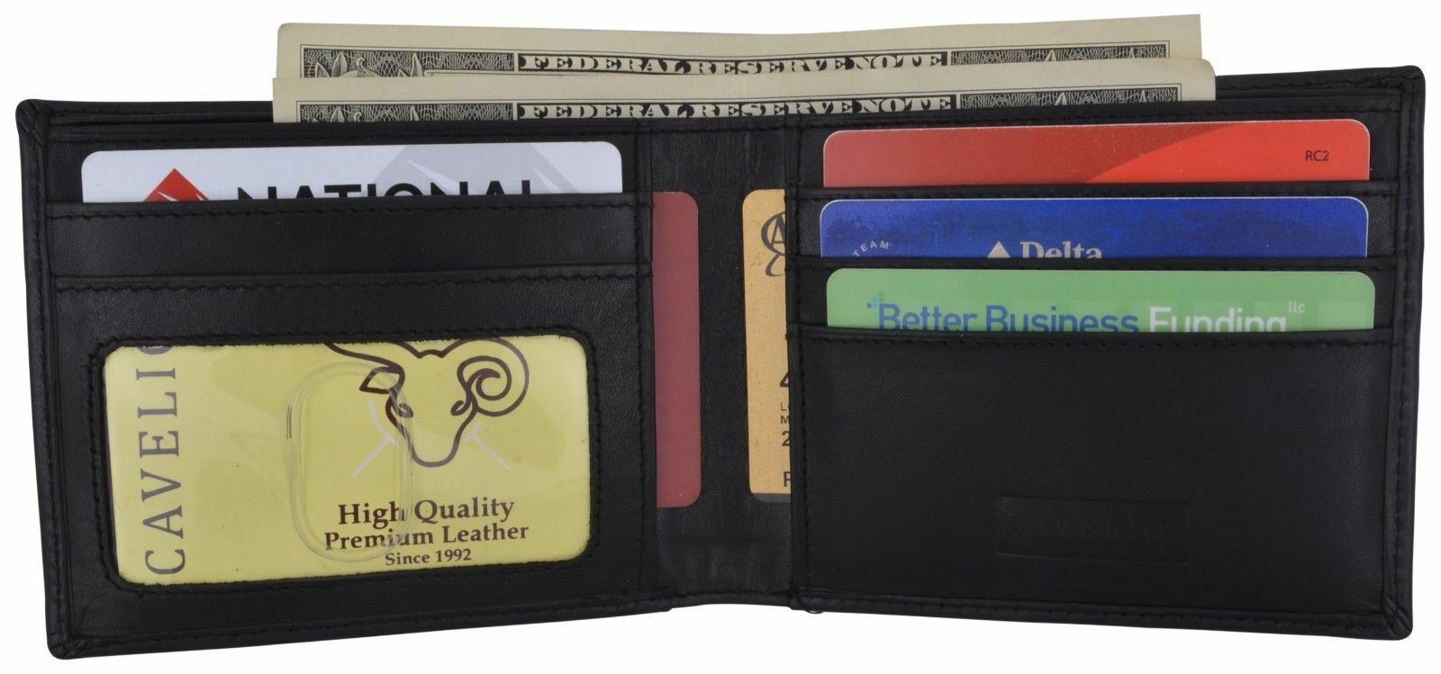Mens Genuine Leather ID Card Holder Classic Design Slim Bifold Wallet by Cavelio