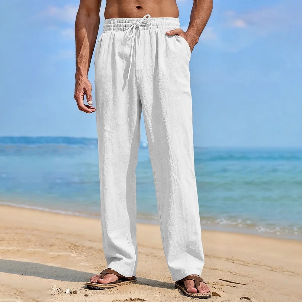 Mens Cotton Linen Loose Pants Casual Drawstring Beach Yoga Baggy Long Trousers