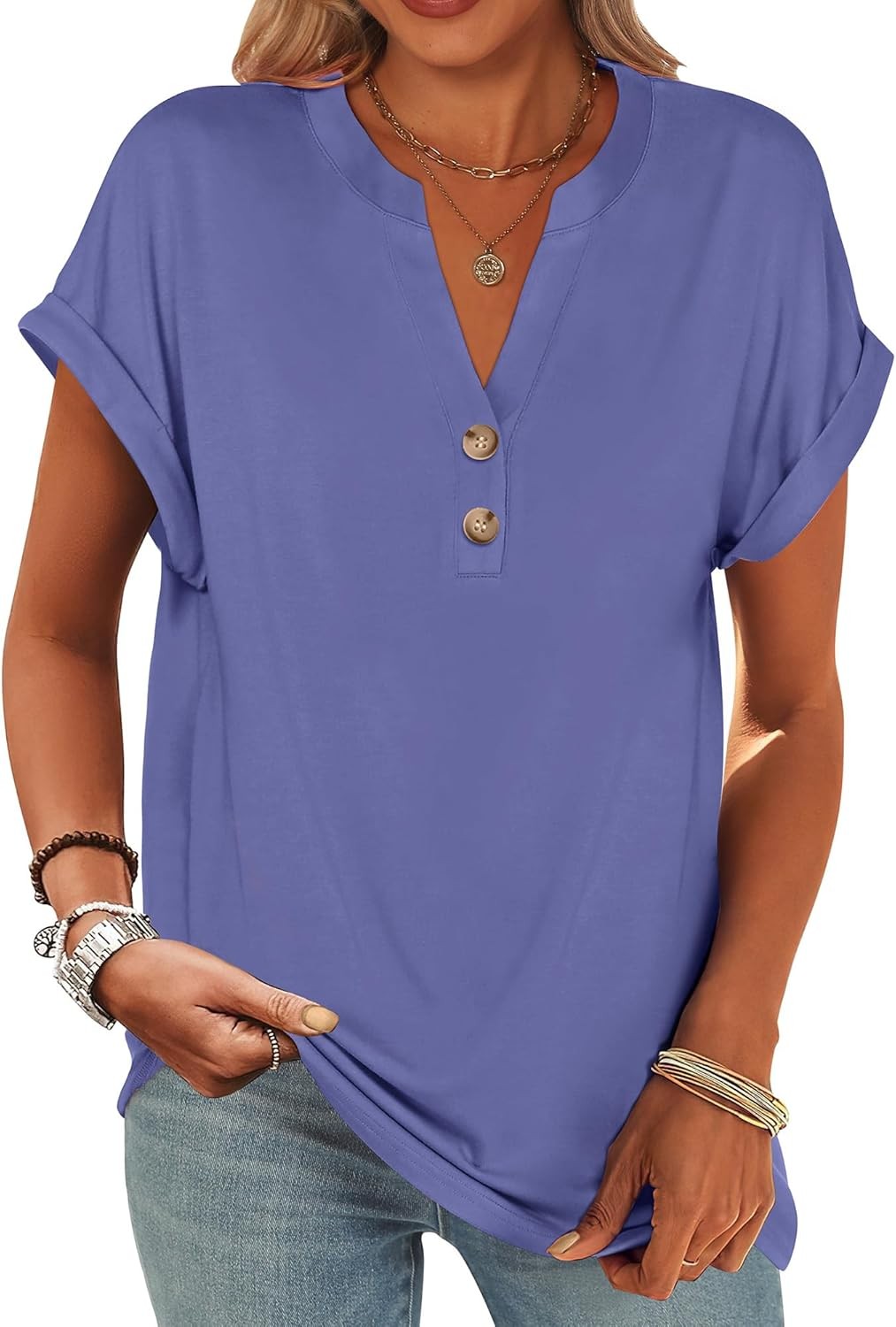 Womens Henley V Neck Short Sleeve Loose Fit Casual Summer Tunic Blouse Top