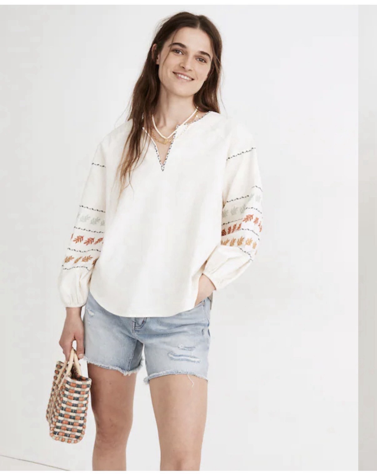 Madewell Ivory Multicolor Embroidered Peasant Blouse V-Neck Balloon 3/4 XS