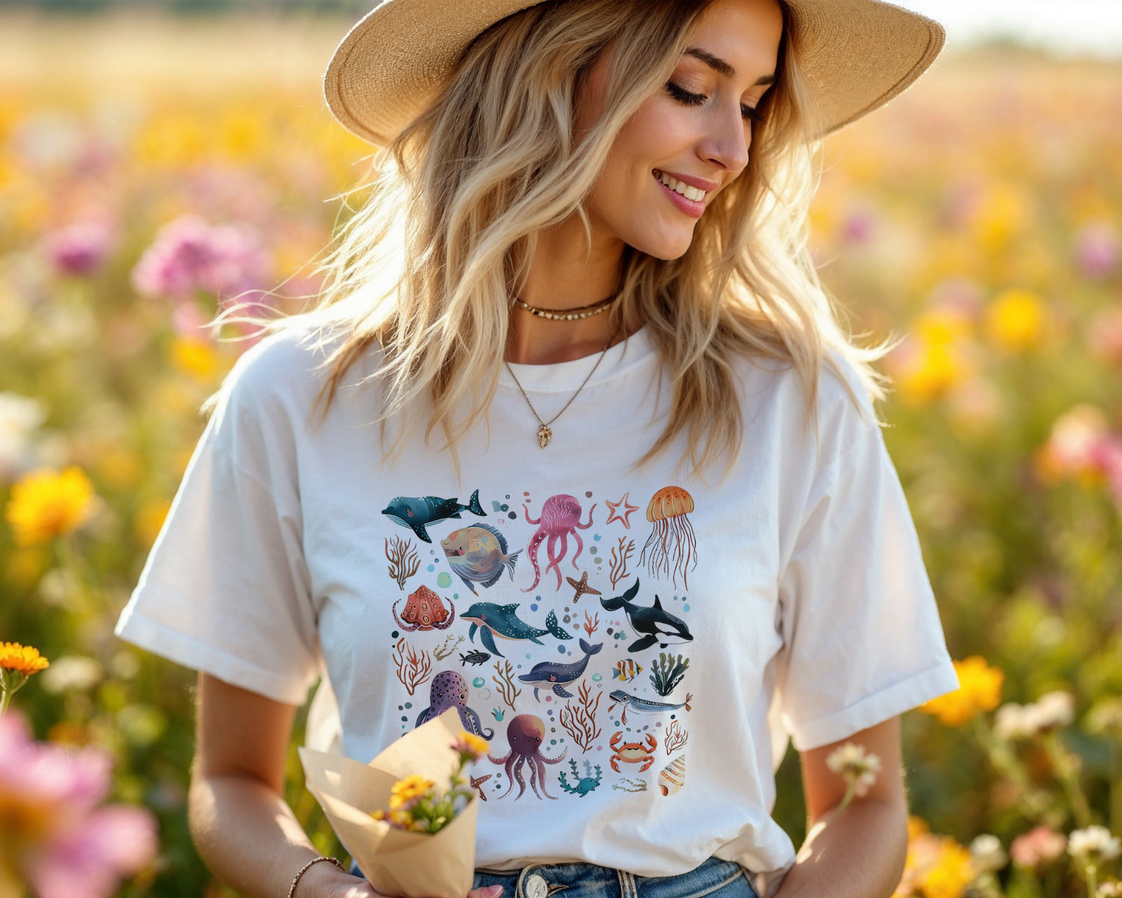 Ocean Animals Graphic T-Shirt Sea Life Illustration Tee Marine Creatures A63