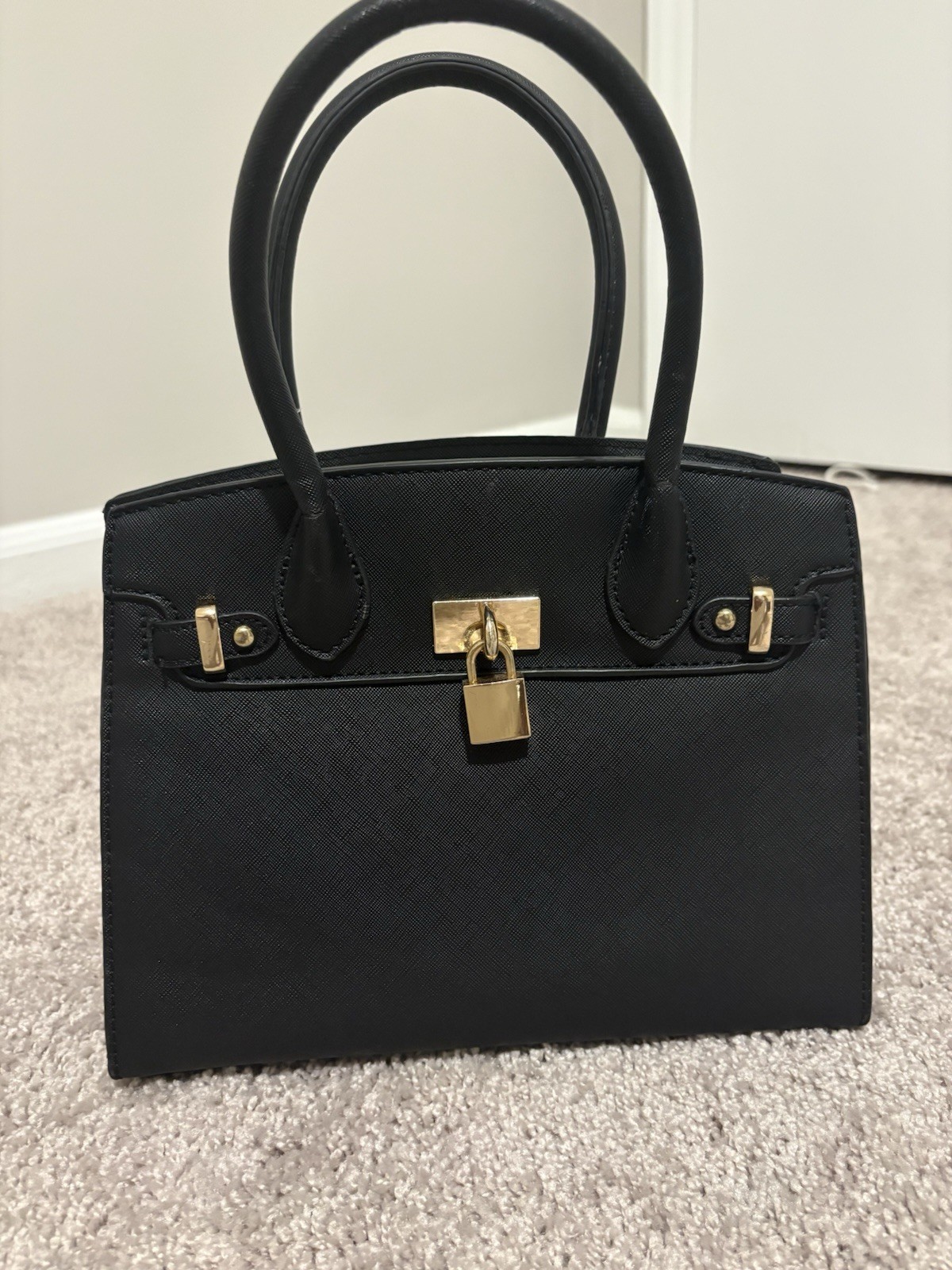 Black Women’s Satchel Top Handle Bag Gold Padlock Zip Inner Pockets