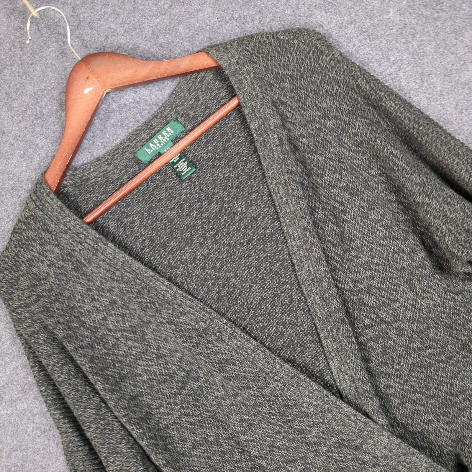 Ralph Lauren Petite Large Olive Green Marl Cotton Surplice Cardigan Sweater