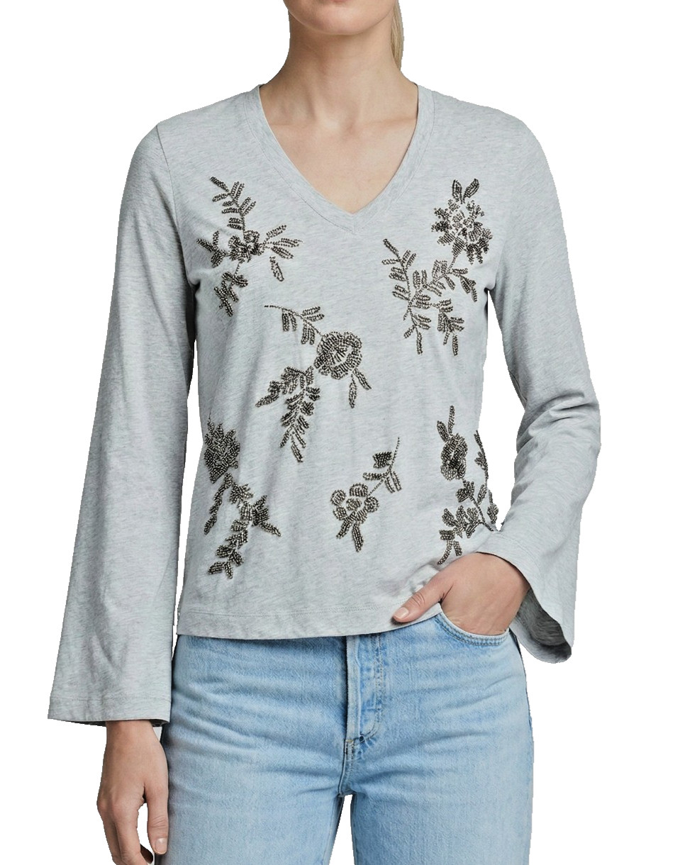 Johnny Was Heather Kimono Sleeve Tee Femke Beaded Cotton XL ⭐ Heather Grey NWT