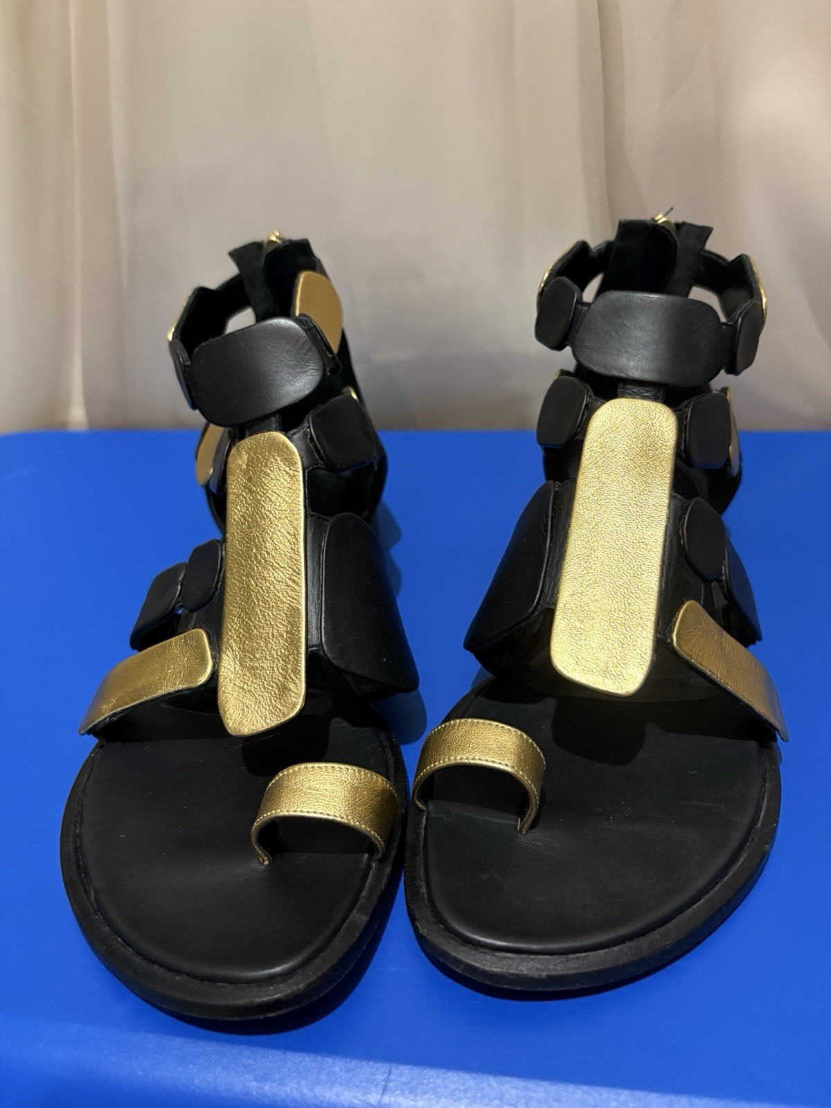 Pierre Hardy Black Gold Gladiator Leather Flat Sandals Size 37
