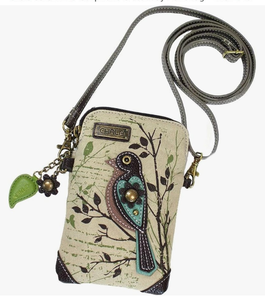 Chala Bird Safari Women’s Cellphone Crossbody Handbag, Zip, Beige/Green/Brown
