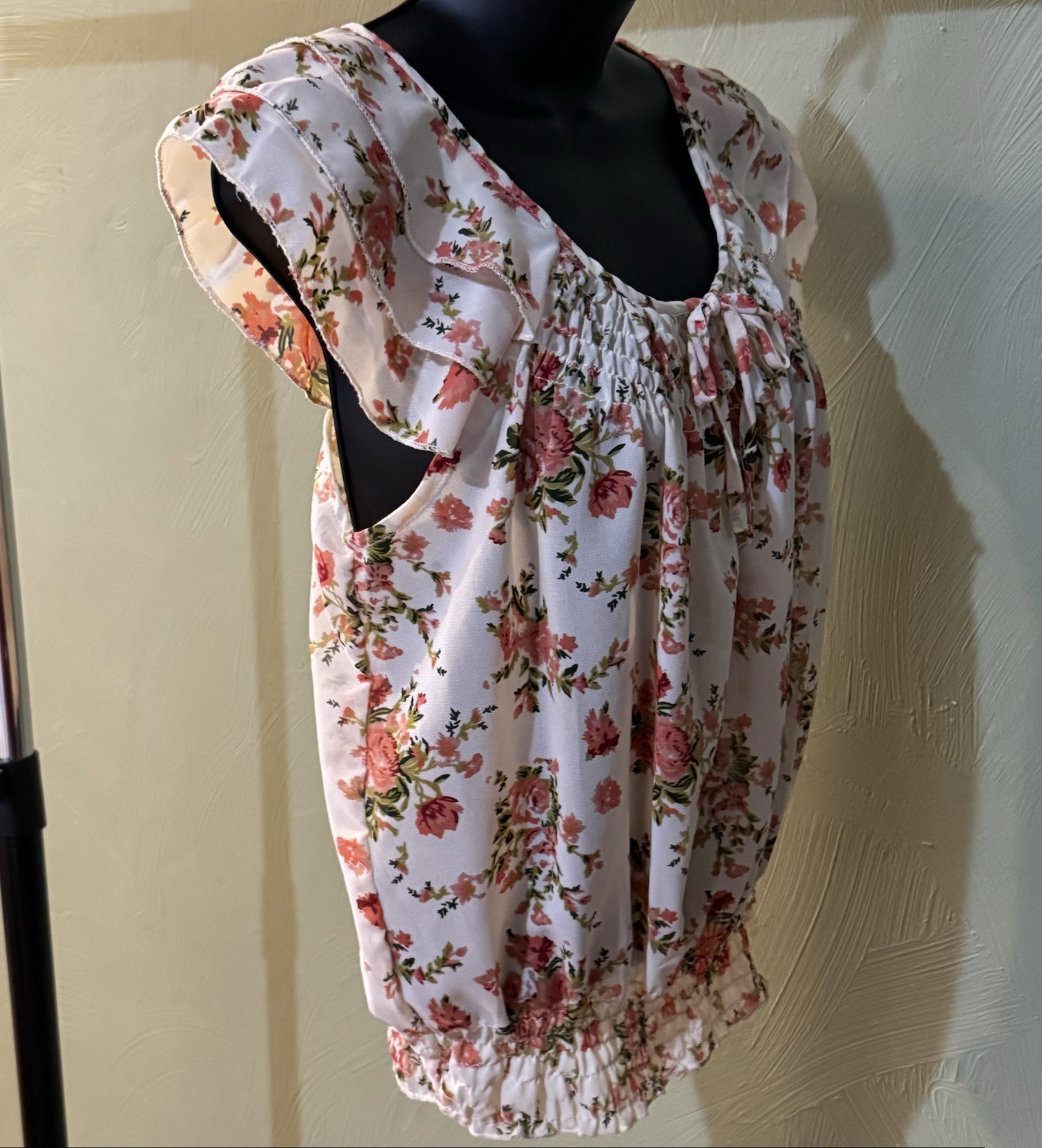 Marisol Rose Print Sheer Scoop Neck Ruffle-Sleeve Smock Blouse Women’s Size S