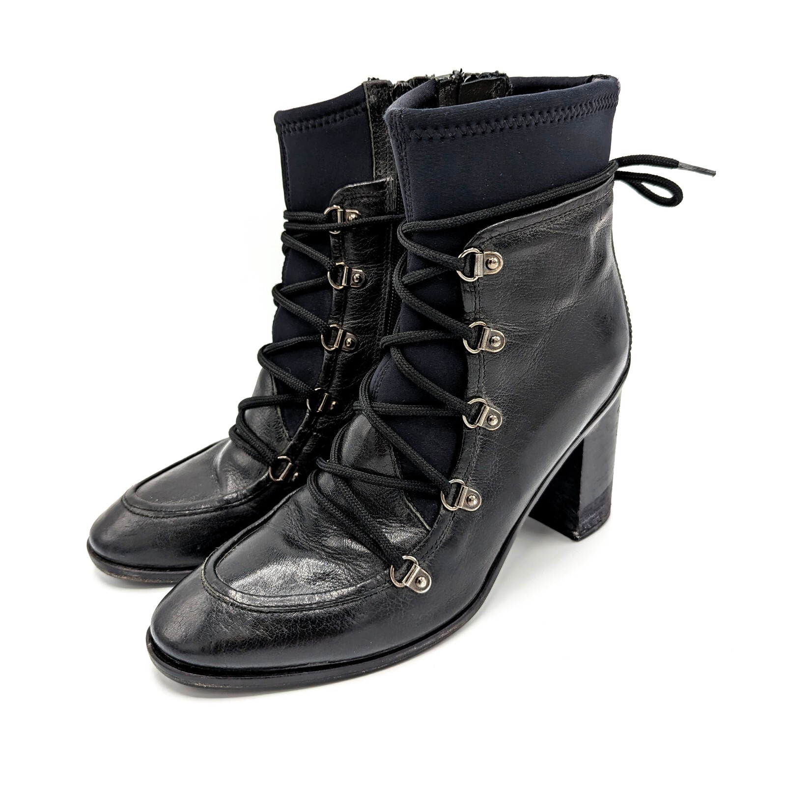 Napoleoni Grannie Black Leather Neoprene Lace-up Witch Granny Booties Sz 9 (39)
