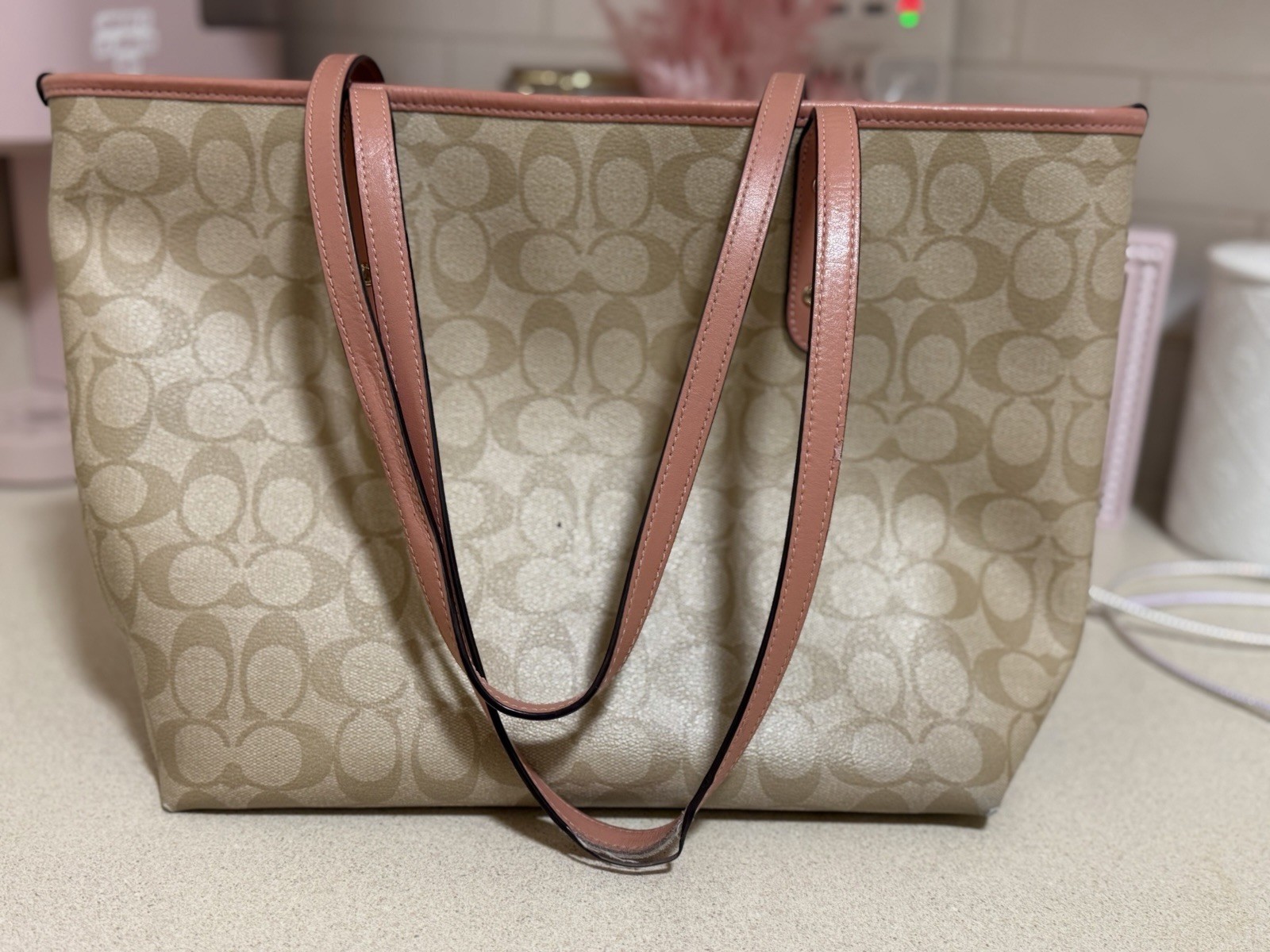 Coach Signature Logo Large Tote Zip Bag Beige/Pink w/ Wristlet Pouch