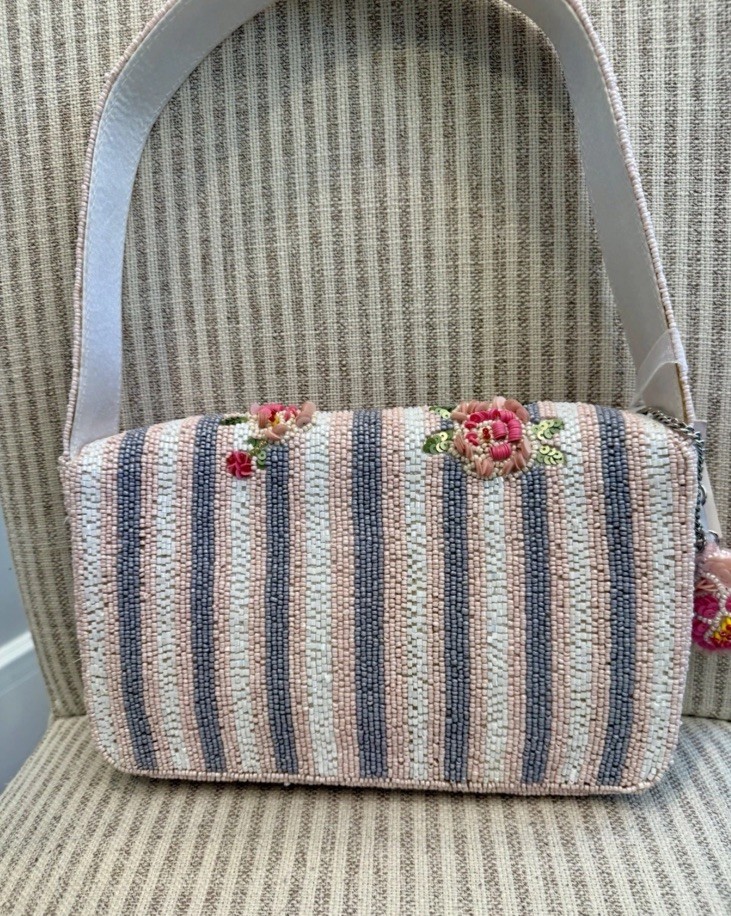 Handcrafted In India Pink Flower Rose Beaded Bag With Charm Viral NWT