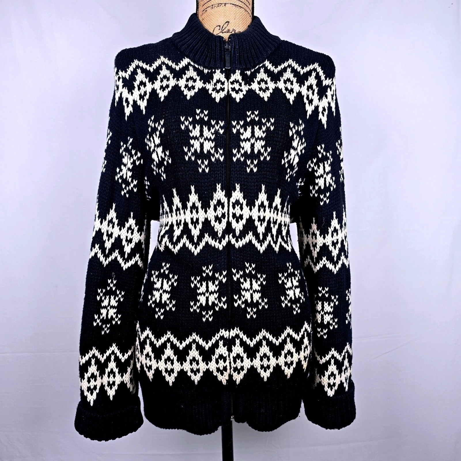 New York & Company Fair Isle Zip Sweater XL Black off White Nordic Snowflake