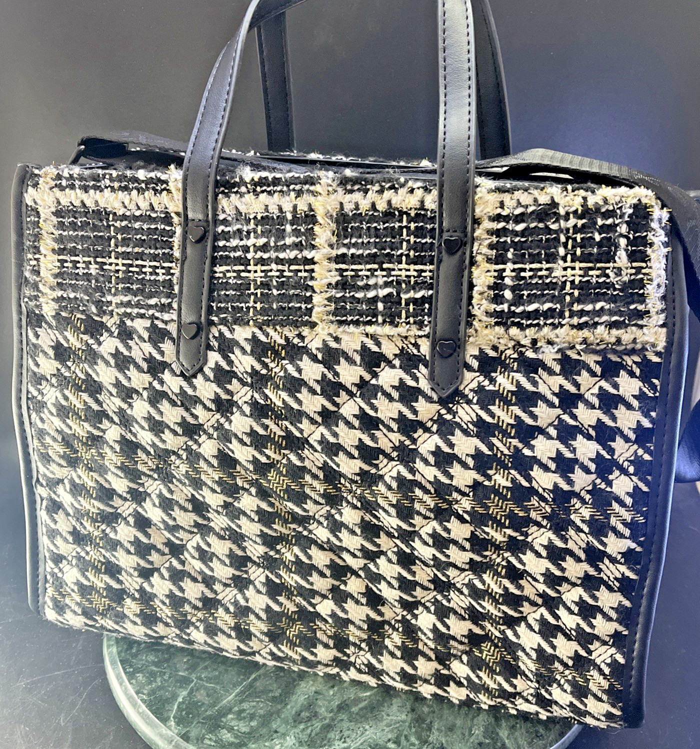 BETSEY JOHNSON Quilted Houndstooth Tweed Tote Purse Bag Crossbody XO BECCA