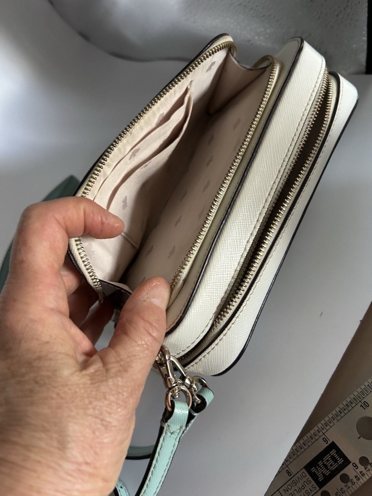 Kate Spade Turquoise and White Zip-Around Small Leather Crossbody Bag