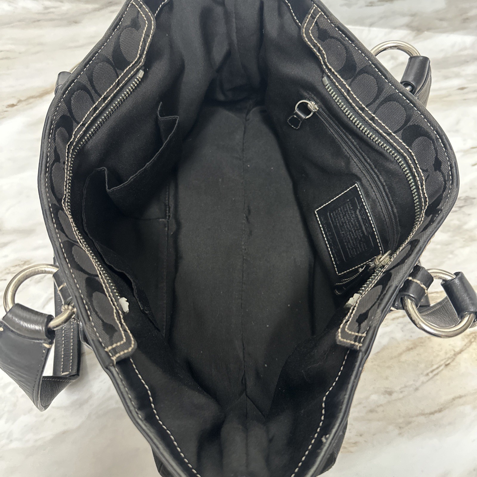 Coach Black Satchel Braided Buckle Accent Logo Zip Silver Hardware Inner Pockets