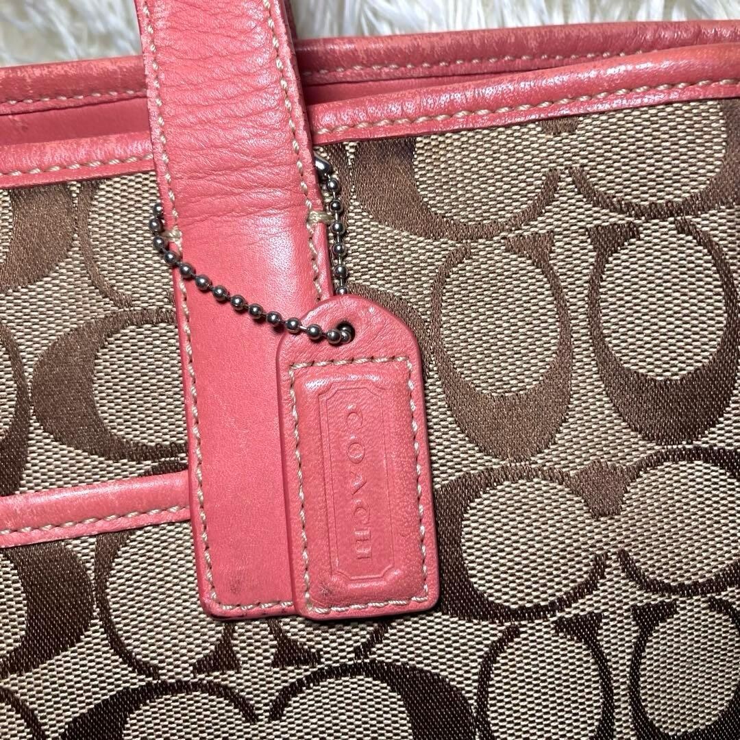 COACH Pink Brown Canvas Leather Tote Bag Logo Inner Pockets 11.8×12.6 in