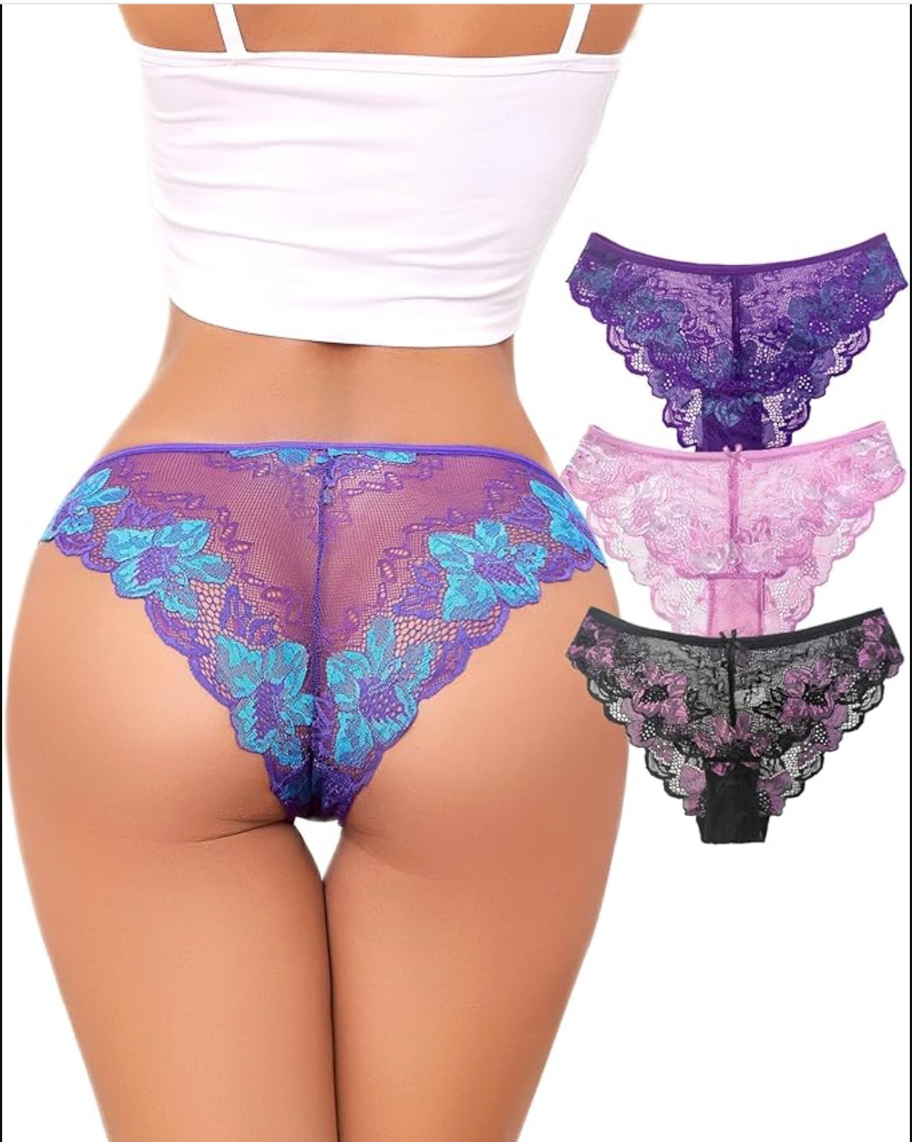 Sexy Lace Panties for Women 3 Pack Floral Mesh Cheeky Bikini Briefs