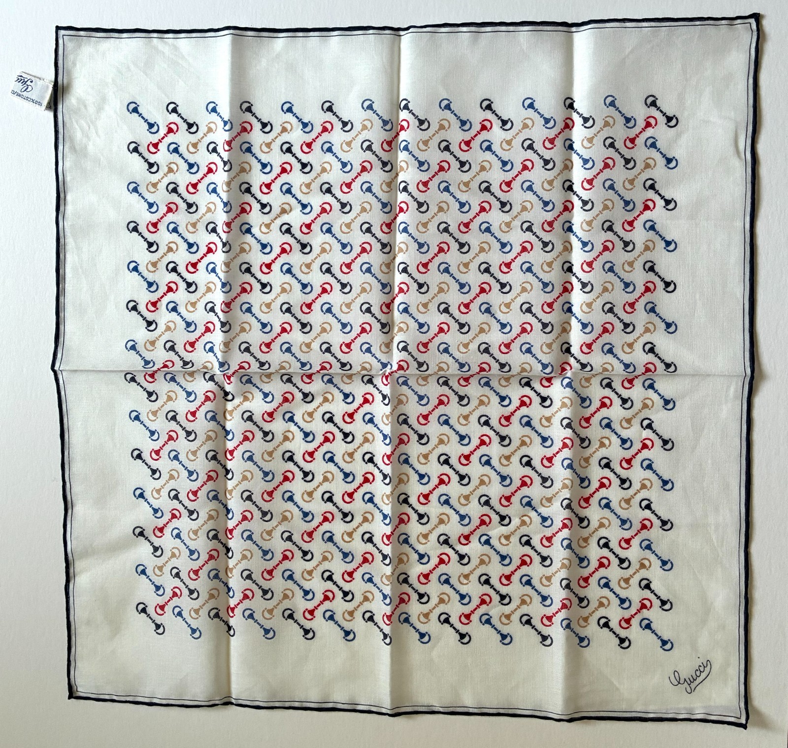 Vintage Gucci 100% Cotton Pocket Square /Handkerchief with Horsebit Pattern