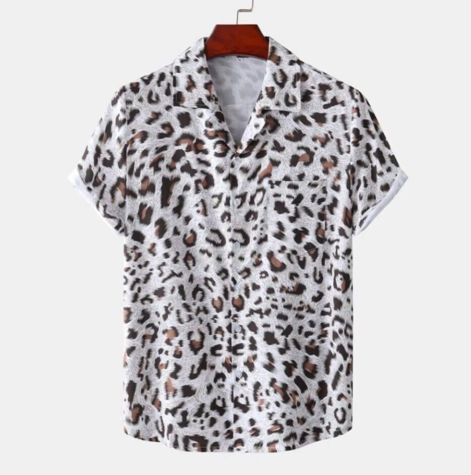 Fashion Leopard Mens Short Sleeve Shirt Oversize Loose Fit Stylish Shirt 4